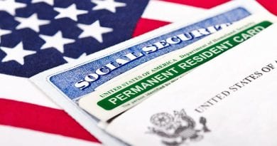 Green Card con bandera americana de fondo