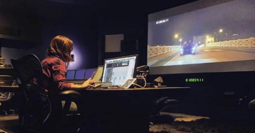Paola Magrans trabajando en un moderno estudio de sonido frente a una pantalla de televisión gigante.