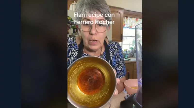 Abuela cubana sirviendo su flan con bombones Ferrero Rocher.