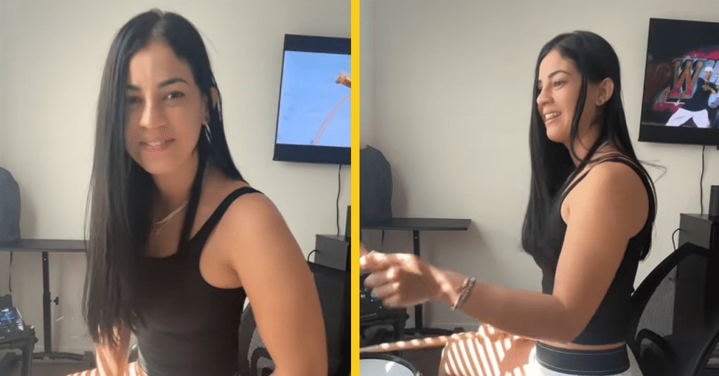 Baterista cubana Kyoshi Díaz tocando reparto con energía en TikTok