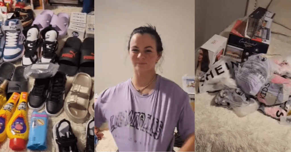 Mujer cubana preparando un paquete de ayuda con ropa y productos para enviar a Cuba.